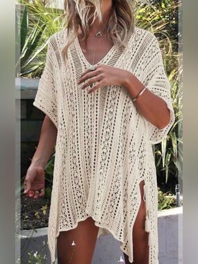 Neutral Cream Crochet V-Neck Swim Cover-Up one size